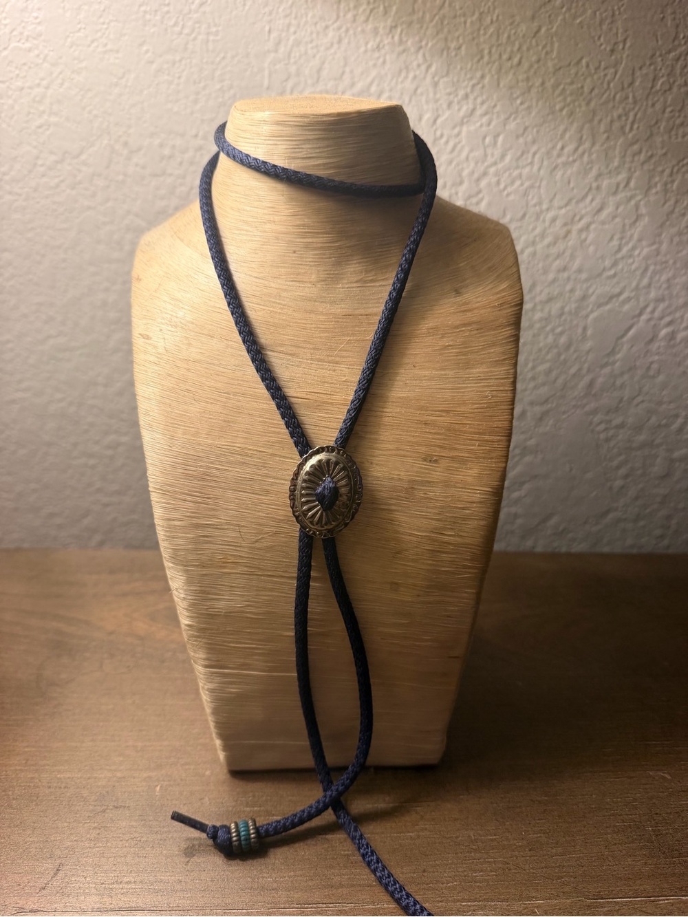 Navy Blue Western Bolo Tie Necklace with Brass Concho